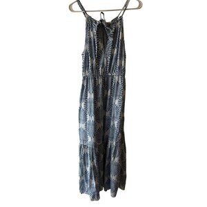 Joie Women Tiered Linen Halter Maxi Dress Medium White Blue Palm Leaf